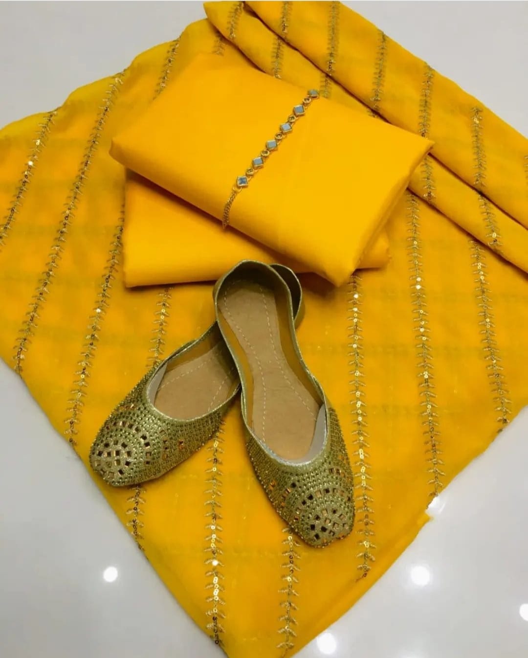 4 pcs Qattan silk suit with krinkal chiffon embroidery dupata Neck line with Khussa (unstitched)