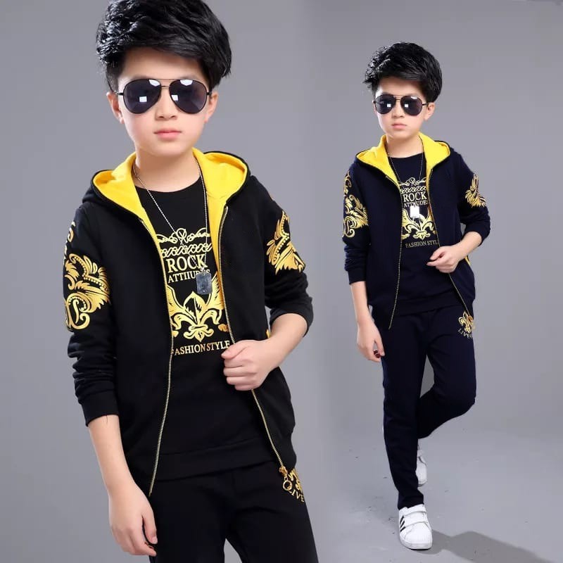 3PC ZIPPER TRACKSUITE(FLEECE) HOODIE + SWEAT SHIRT + TROUSER  Colors: Black  ,size ;11 -12 years