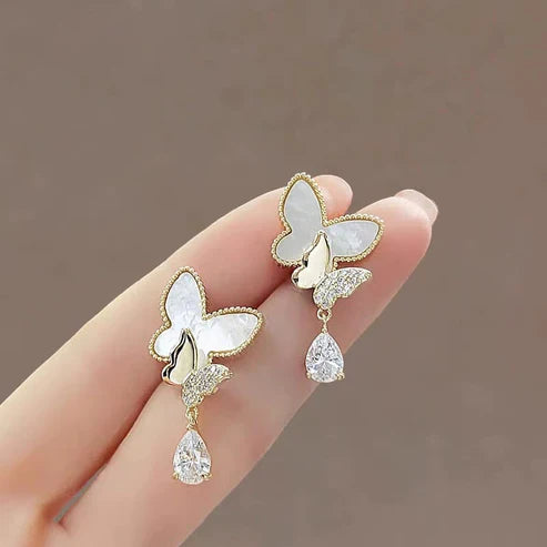 Elegant Double Butterfly Drop Earrings – Gold & White with Sparkling Teardrop Crystals