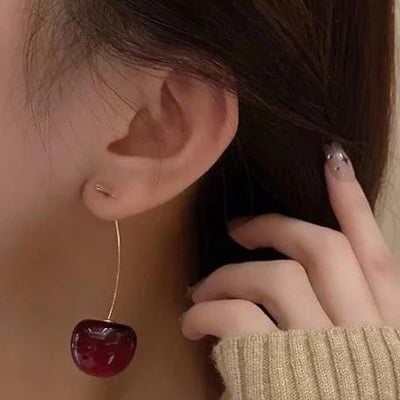 Cherry Drop Earrings For Women 🍒 | Trendy Korean Long Stem Red Cherry Earrings | For Casual & Party Outfits